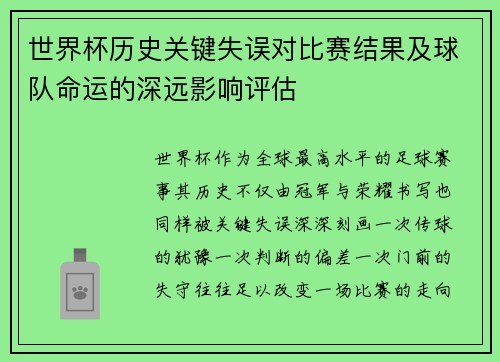 世界杯历史关键失误对比赛结果及球队命运的深远影响评估